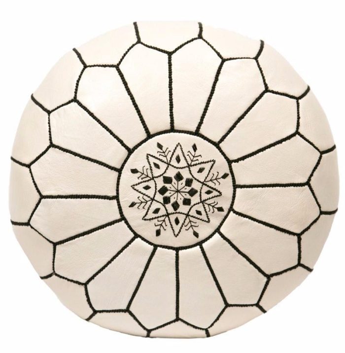 Moroccan leather pouf, Black on White