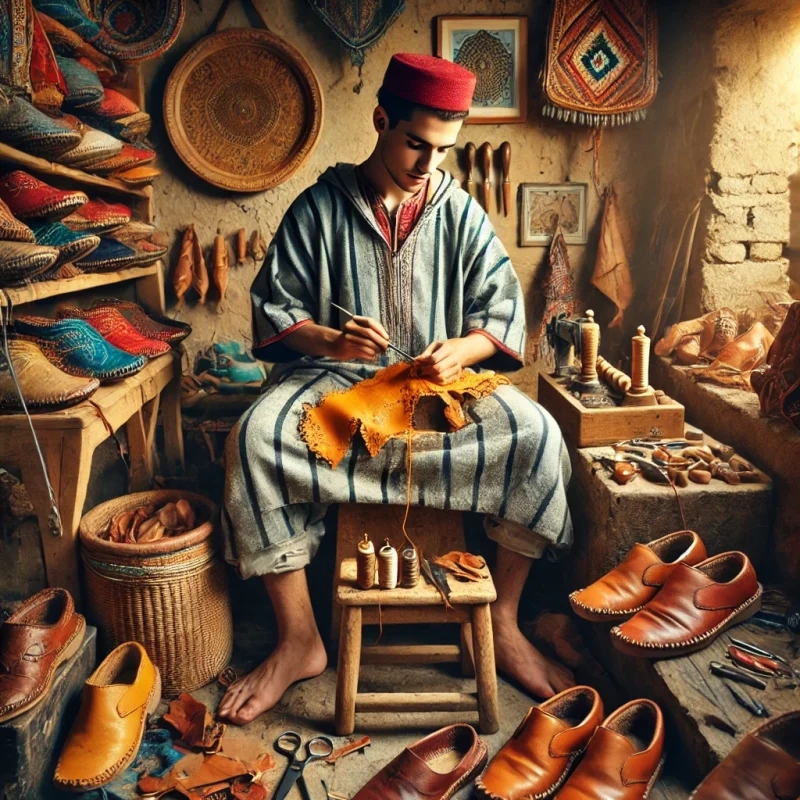 traditional Moroccan artisan crafting babouches in a workshop